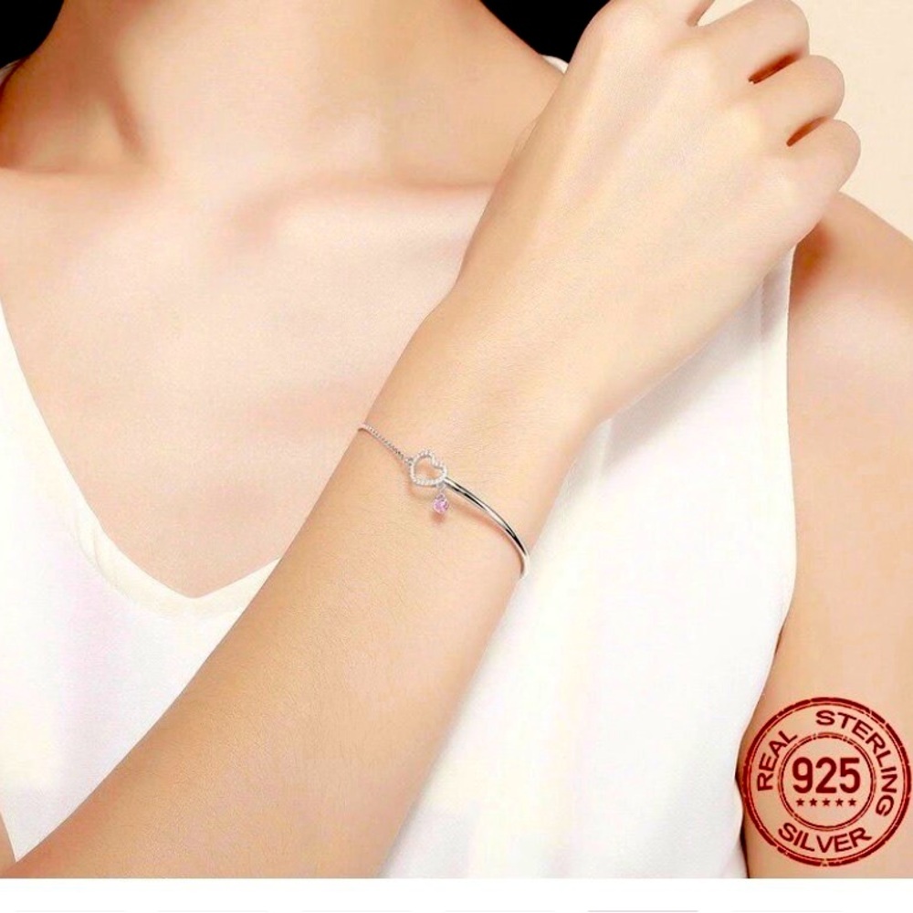 925 Sterling Silver Heart Pink CZ Chain Link Bangles Bracelets for Women